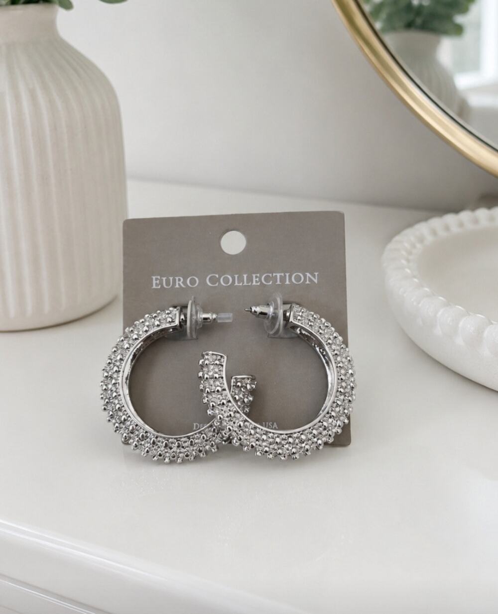 Euro Collection Silver Beaded Hoops New